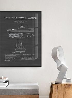 现代简约黑白工业风设装计线稿RQJ饰画船只械机海挂画客厅航卧室