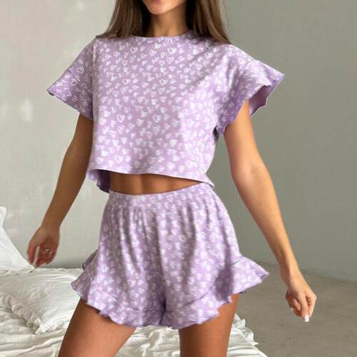 Women's printed suit, lotus leaf short sleeved shorts,