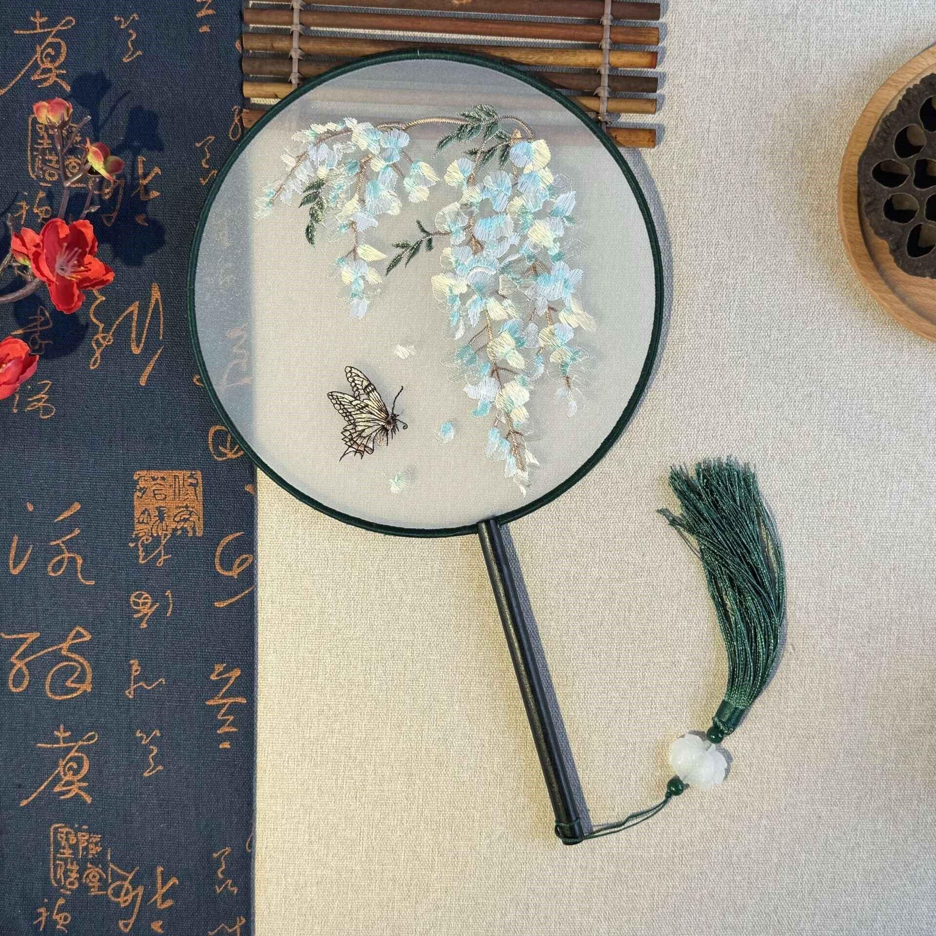 双面团扇古风中国风女式长柄流苏汉服旗袍跳舞蹈扇幼儿夏圆形扇子