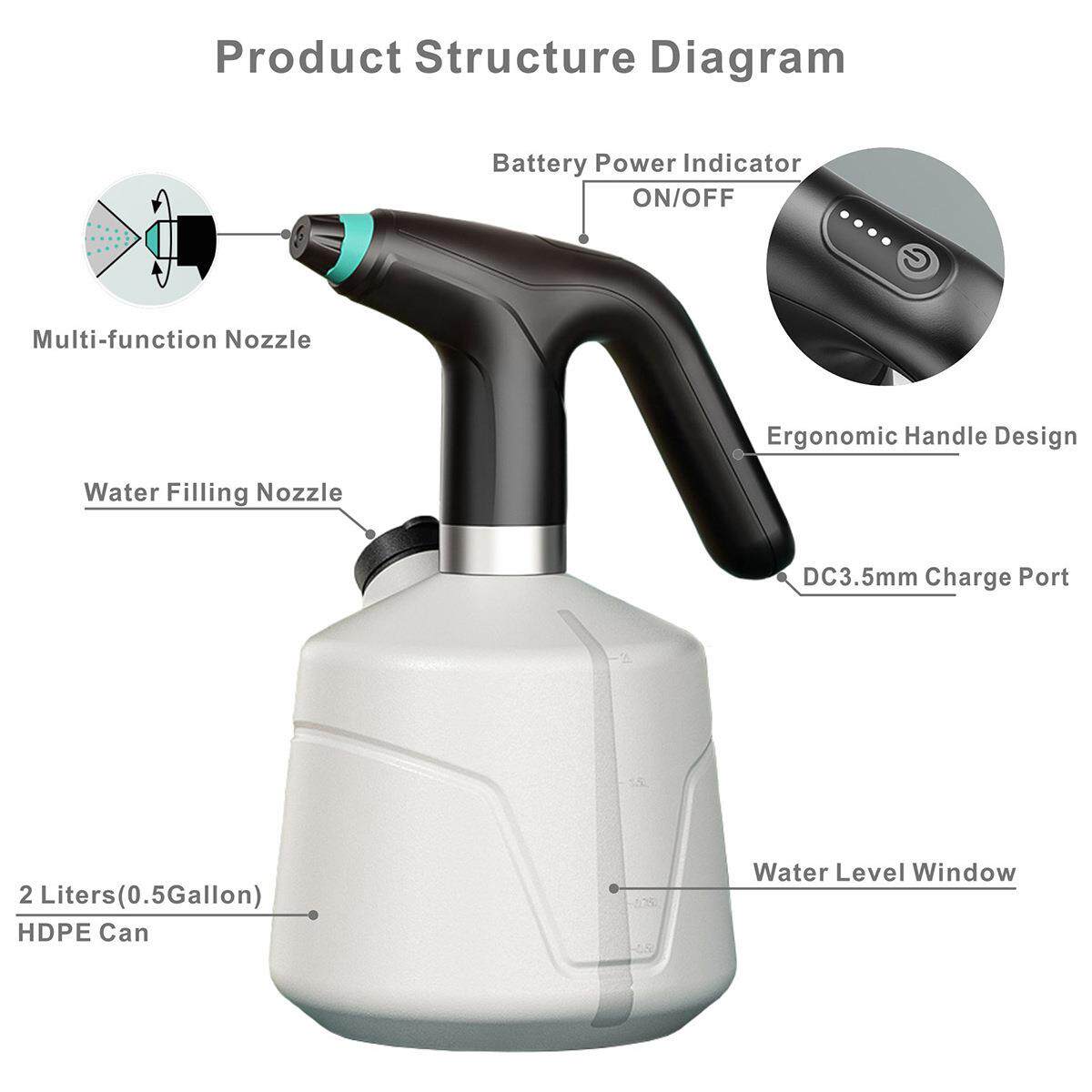 手持式电动喷雾器浇花喷药2L电动喷壶园艺喷水壶充电式电动喷雾器