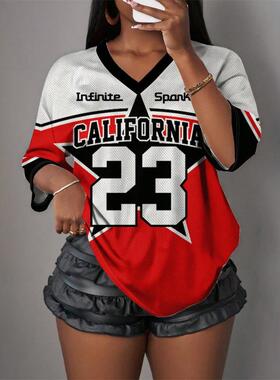 Jersey T-shirt V-neck Top T
