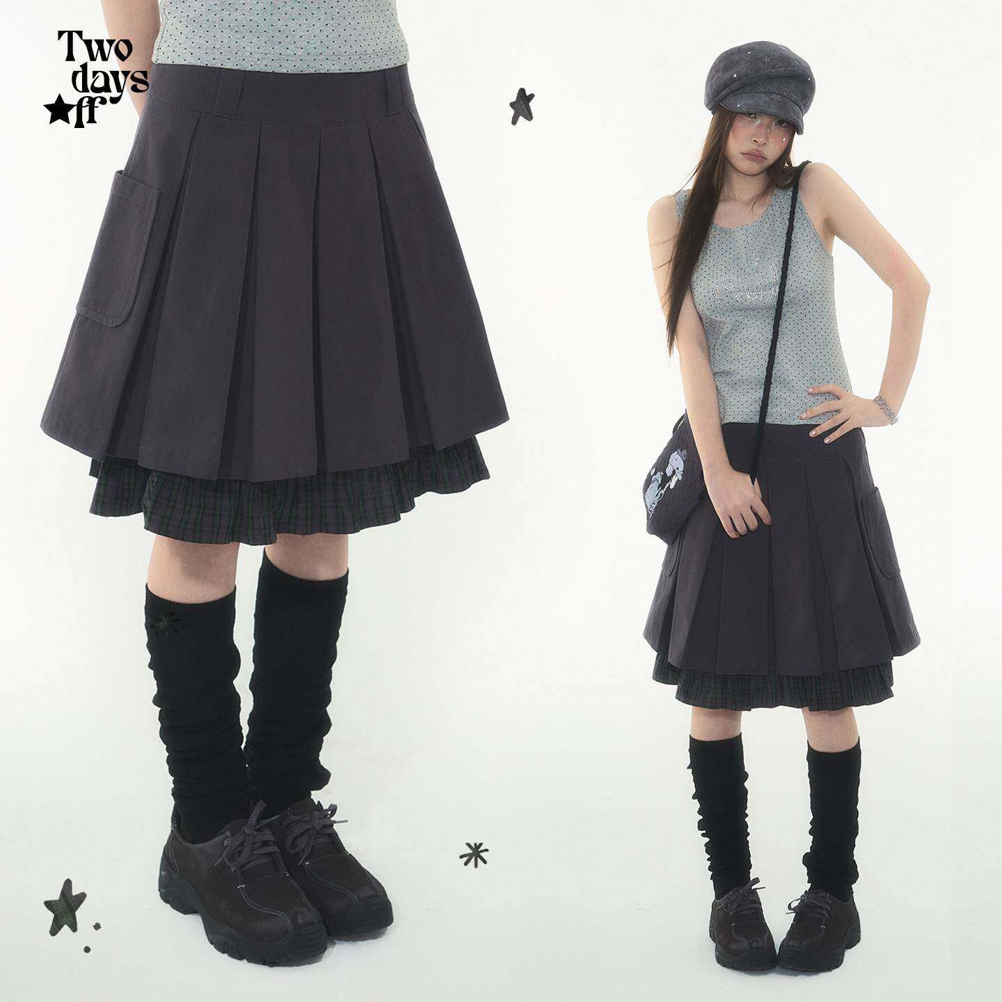 Twodaysoff双休日韩系y2k拼接假两件纯棉高腰百褶半身裙短裙女