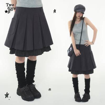 Twodaysoff双休日韩系y2k拼接假两件纯棉高腰百褶半身裙短裙女