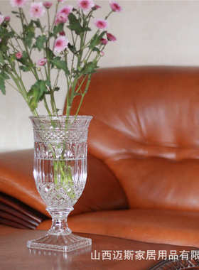养装饰品透明水加厚高脚杯复古水晶水晶大号电镀花瓶玻璃插花浮雕
