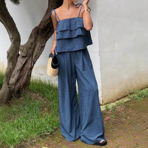 Women ' s Two - Piece Set , Sleeveless Top & Loose Long