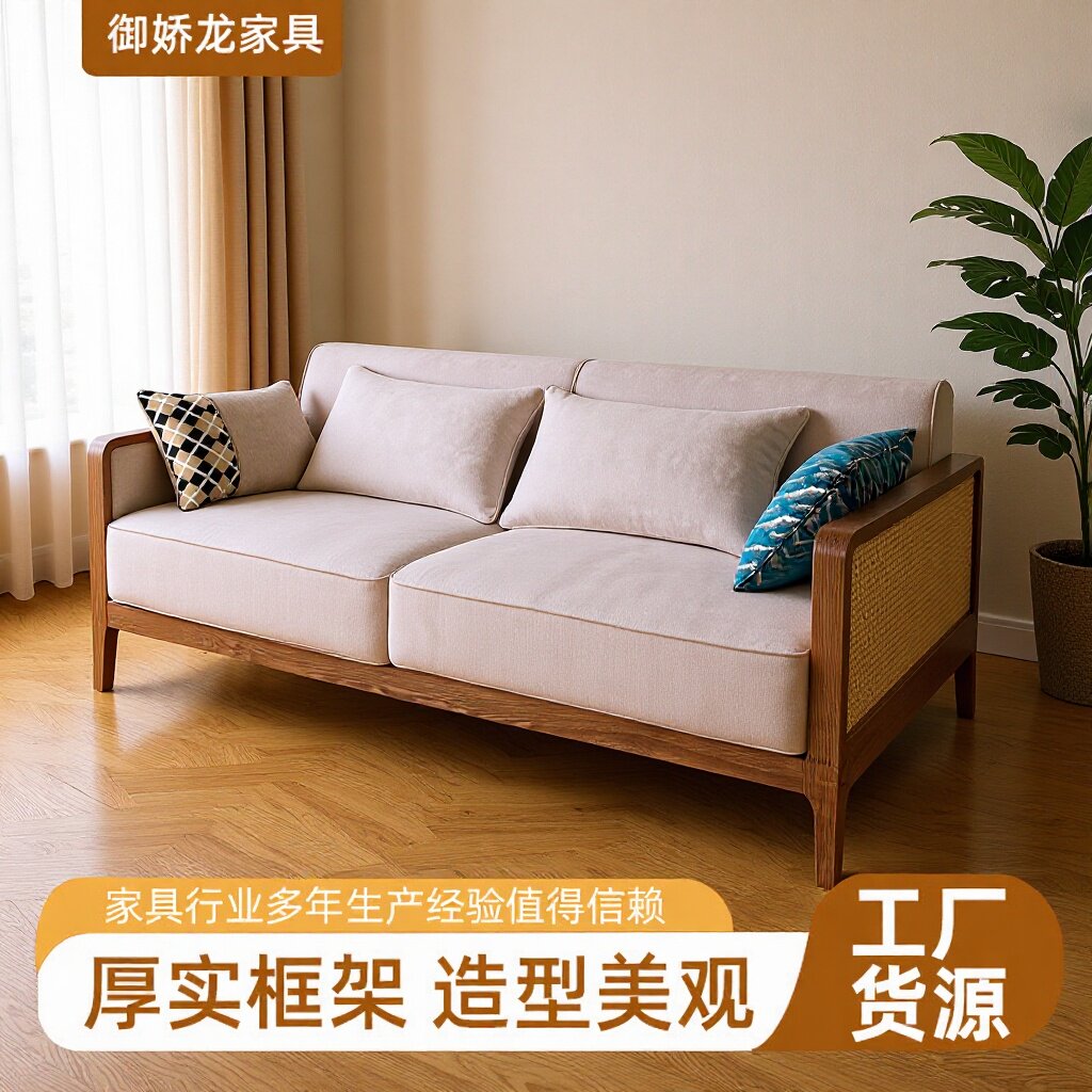 新中式藤编沙发样板间小户型布艺沙发椅简约现代民宿别墅酒店家具