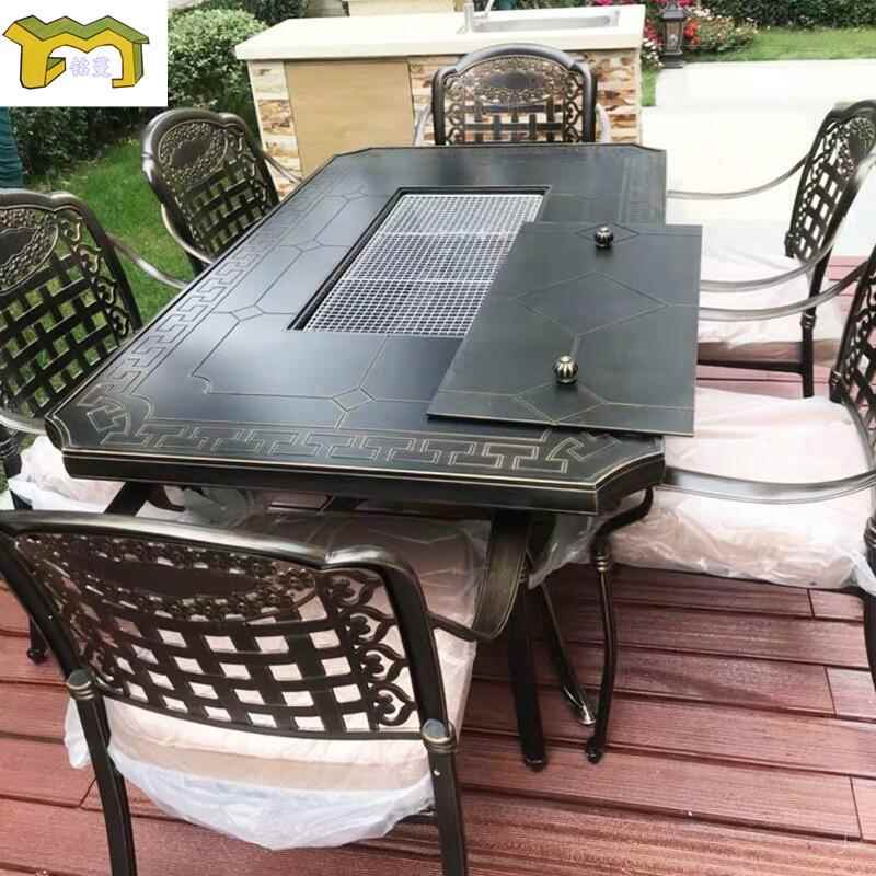 户桌L-2075外电碳两用铸铝家艺用烧室外庭院露台花园铁长餐烤椅三
