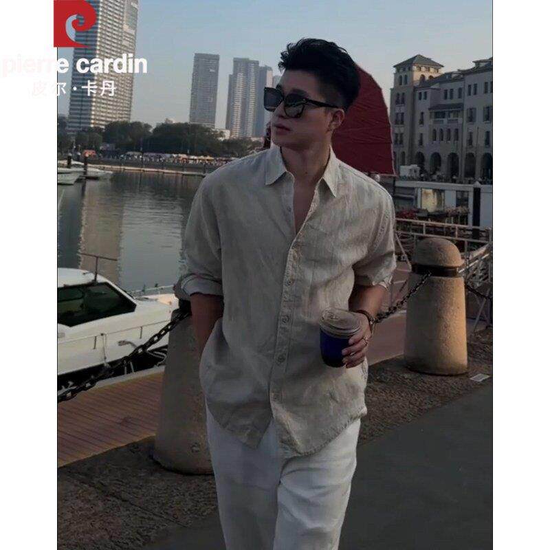 皮尔卡丹天丝亚麻薄款长袖衬衫男夏季老钱风松弛穿搭休闲衬衣外套