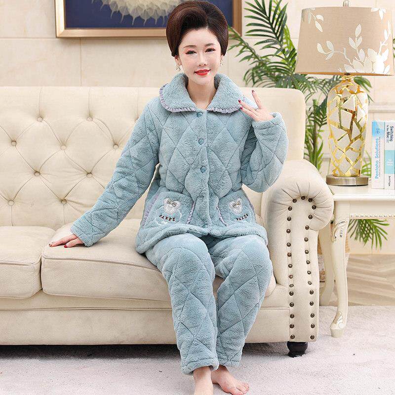 妈妈睡衣女冬三层加厚珊瑚绒夹棉袄加绒中老年人秋冬季保暖家居服