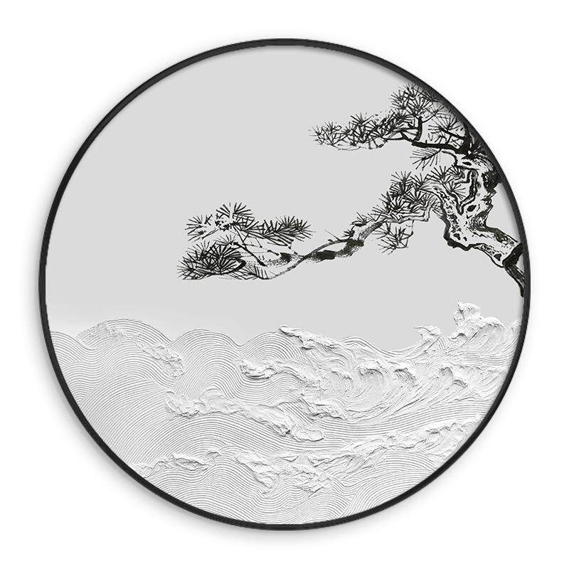 新中式客厅装饰画圆形led灯玄关走廊挂画迎客松油画立体浮雕海浪