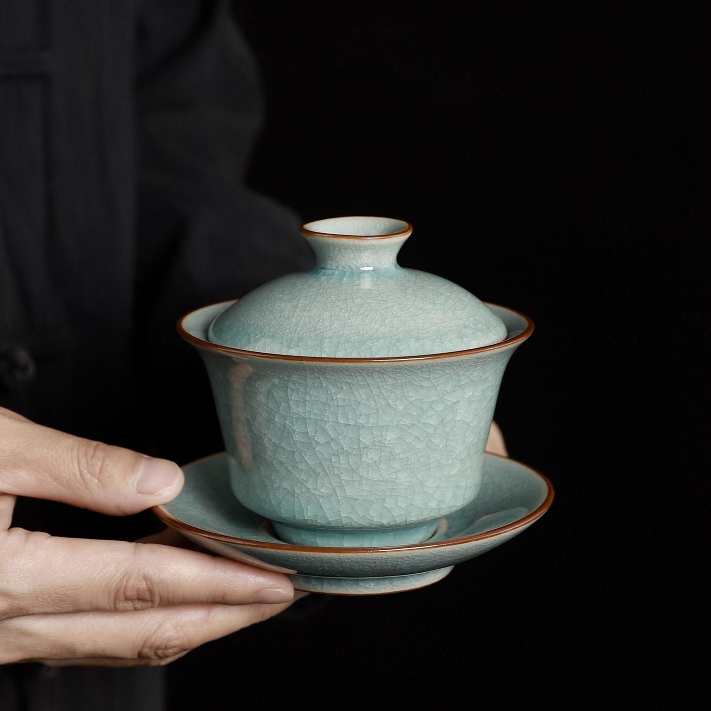 冰花三才盖碗茶杯陶瓷家用泡茶碗单个高档天青色汝窑悬停茶具茶杯