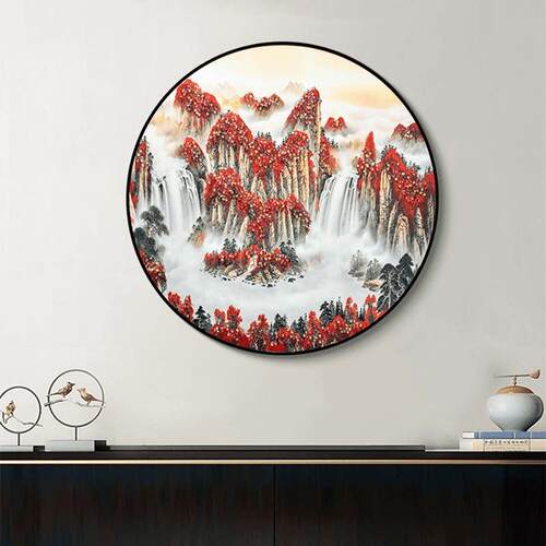 鸿运当头圆形装饰画玄关过道客厅壁画新中式进门山水jc160画6060