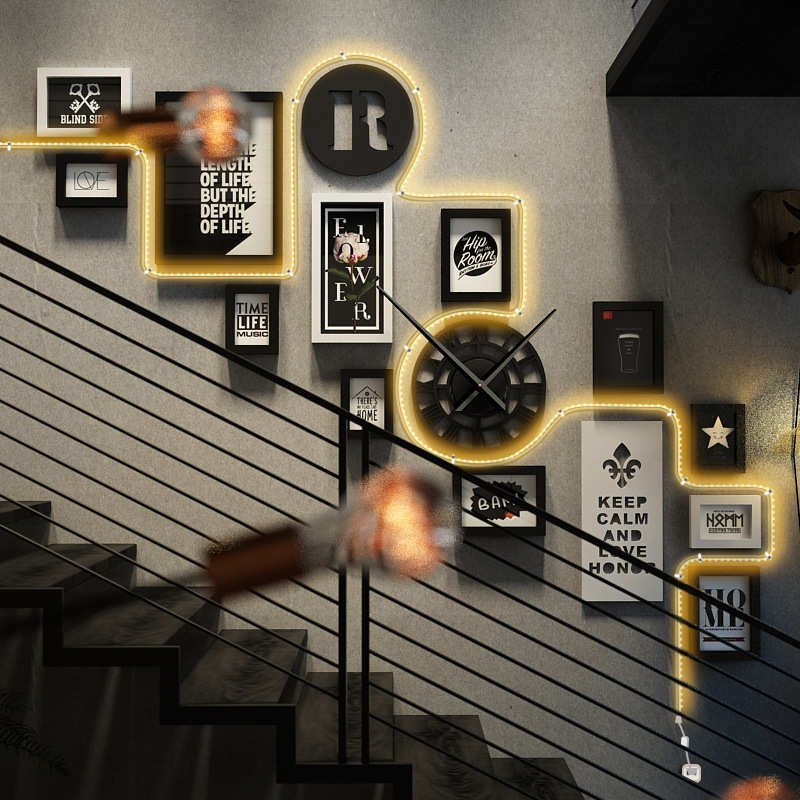 高分子2482复古楼梯照片墙LED灯带组合相框工业风复古发光装饰画