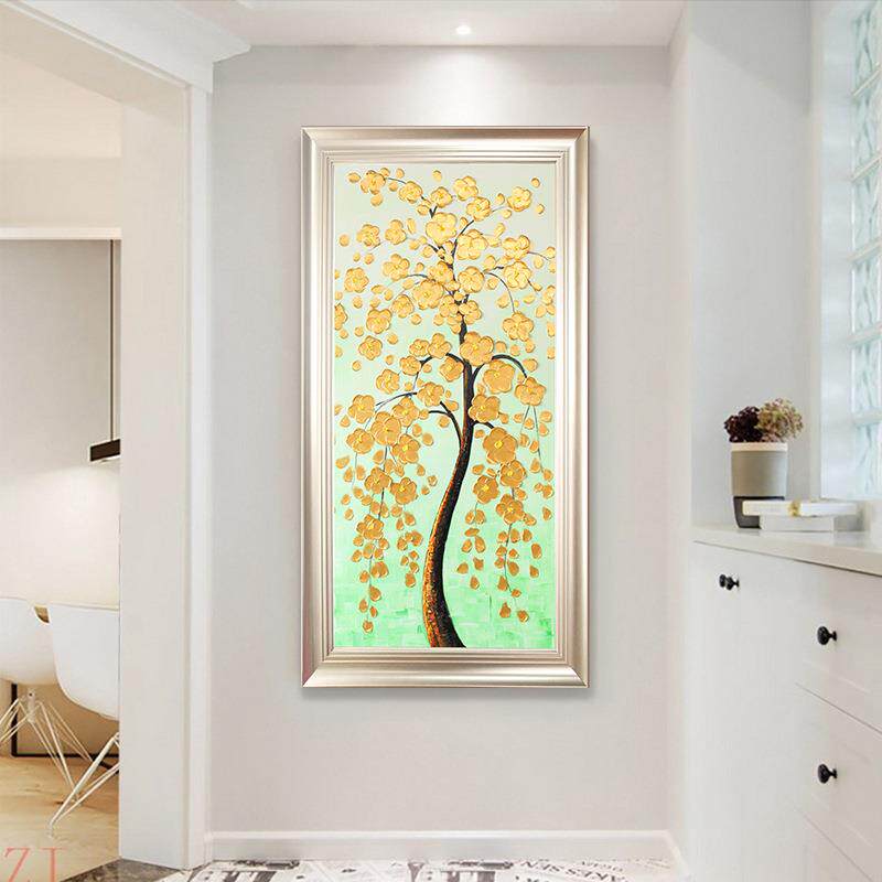 新款直销厚油刀画金钱树玄关装饰画竖版有框简约艺术油画欧式仿浮