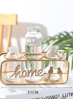 新款水培绿植摆件北欧房铁艺玻璃花饰瓶植物摆办公室家居间插装花