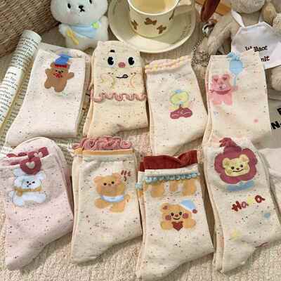 新款花边可爱袜子女中筒袜纯棉ins潮春夏季薄款白色女生卡通长袜c