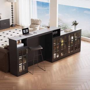 需定制美式覆古岩板吧台餐边柜一体黑色酒吧桌置物柜客厅沙发后背