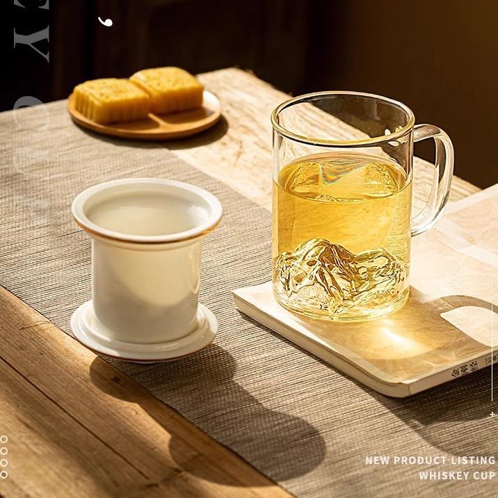 观山茶水分离透明杯带手柄办公室家用泡茶陶瓷过滤玻璃杯新中式