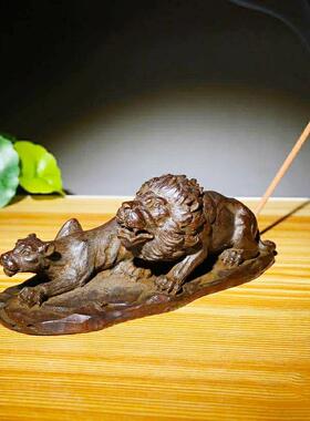 纯铜器实心狮子香插紫铜手把件茶宠文镇纸小摆件仿古回流