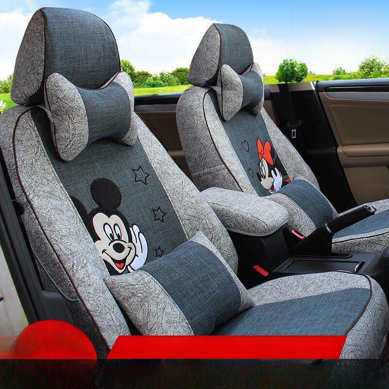 汽车座套四季通用全包围亚麻布艺坐垫可爱卡通女士座垫专用座椅套