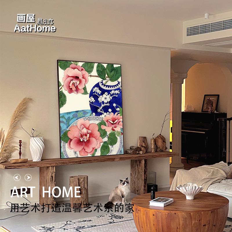 法式中古风小众青花瓷绣球花高档轻奢餐厅挂画新中式瓷器装饰壁画图片