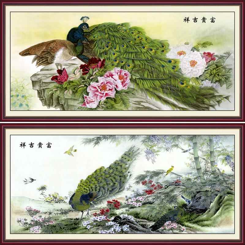 现代新中式山水牡丹孔雀图风景中堂客厅玄关沙发装饰国画背景墙壁图片