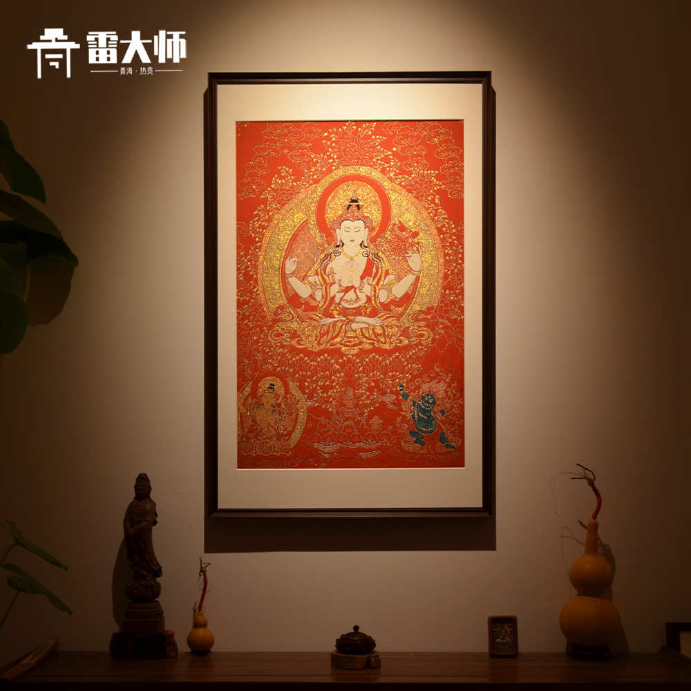 刺绣四臂观音唐卡装饰画茶室玄关客厅背景墙挂画沙发餐厅实木装裱