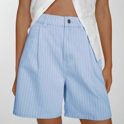 Striped high waisted plus size denim shorts for