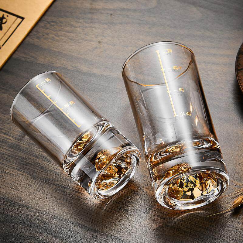 金箔二两白酒杯带刻度套装家用高档轻奢一两水晶玻璃杯子中式酒具