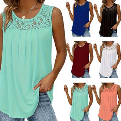 Summer Tank Tops Women Pleated Tunics Scoop Neck Sleeveless