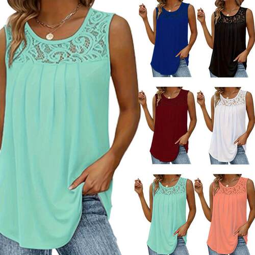 Summer Tank Tops Women Pleated Tunics Scoop Neck Sleeveless