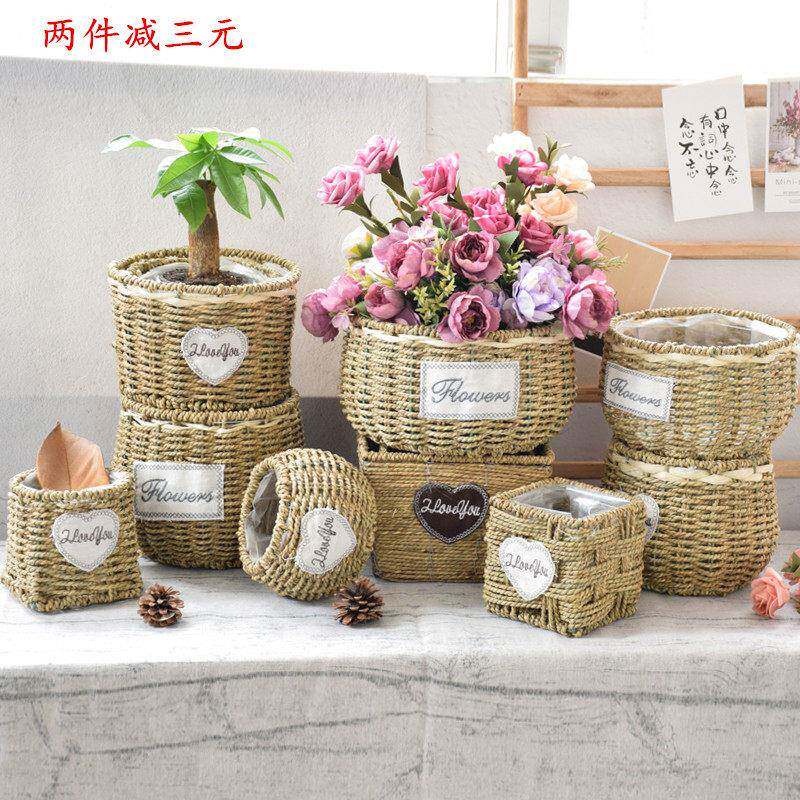 草编花盆藤编花篮柳编创意手工编织壁挂手提篮子插花黄金葛摆件装