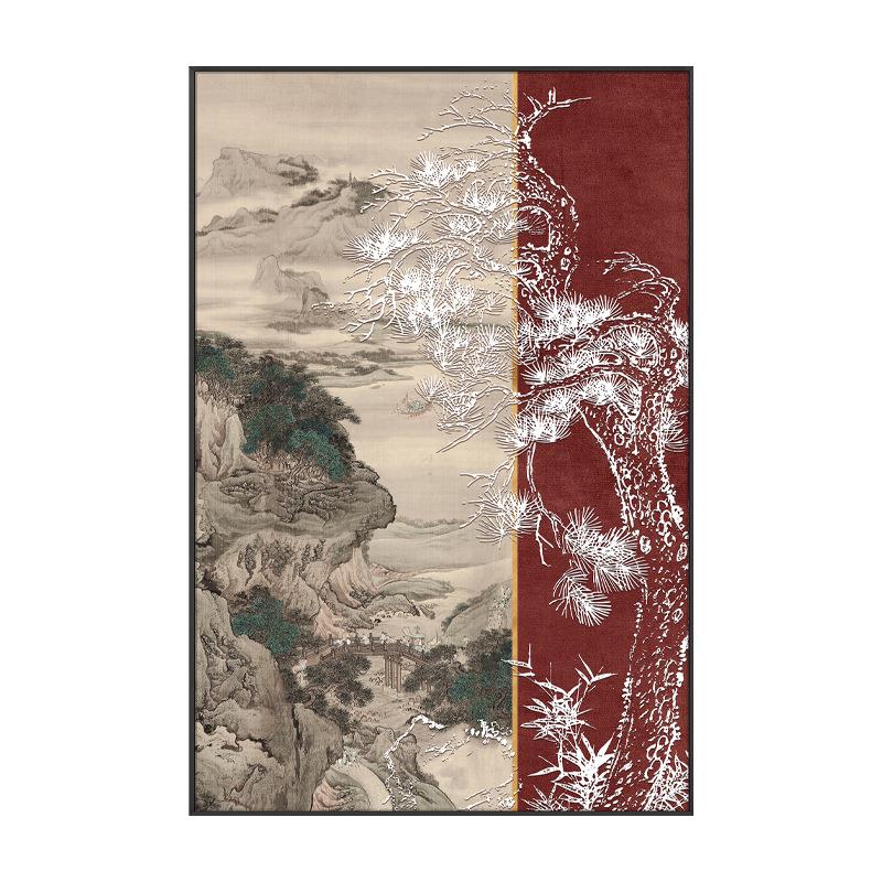 新中式玄关客厅山水国画餐厅走廊过道装饰画酒店饭店竖版红色壁画
