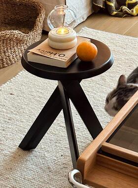 黑色实木小茶边几沙发圆桌子床头柜中覆古风法式极简矮置物架阳台