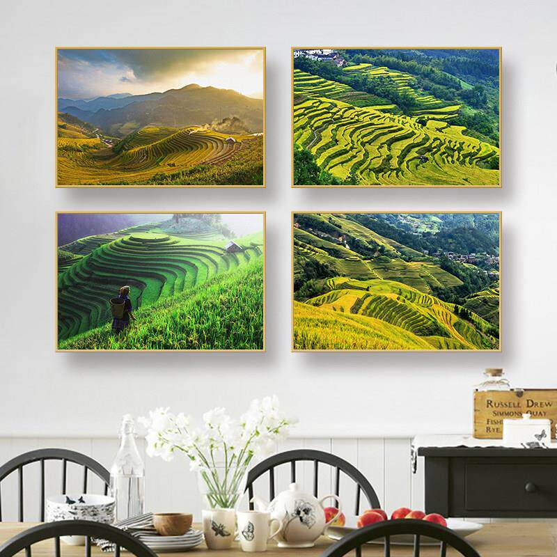 金色梯田步步高升挂画农耕稻田墙壁画农村山水田园风景饭厅装饰画