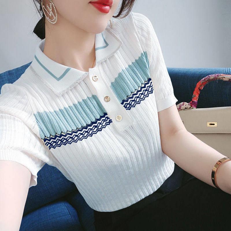 冰丝短袖t恤女2025年新款夏季薄款针织衫百搭时尚白色半袖上衣女