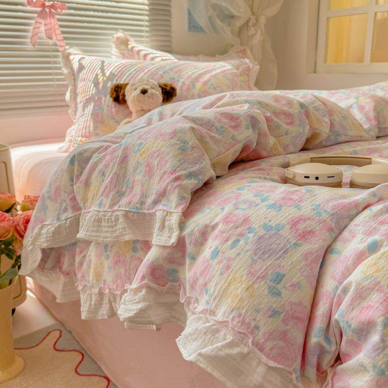 韩式公主风花边四件套超软木棉被套床单学生宿舍床上用品三件套