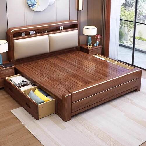 中式胡桃木家用真皮软包实木床1米8大床双人床卧室简约1米5单人床