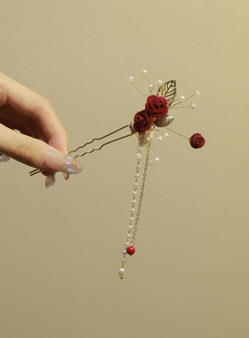 玫瑰花红色流苏发簪高级中国发饰