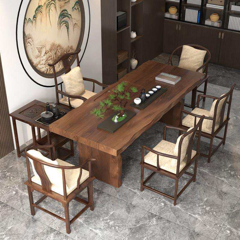 新中式公木KPY茶桌全套禅意茶桌椅组合一体桌茶台原木大板实办室