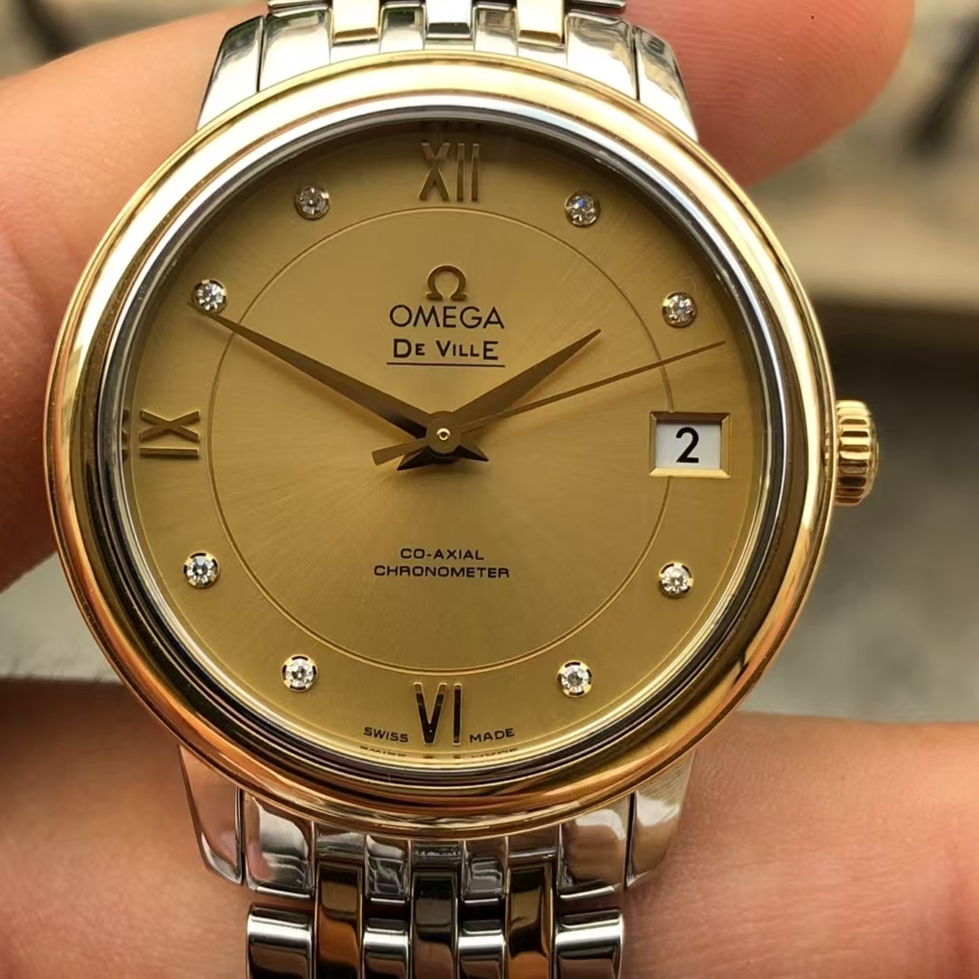 专柜价59800】盒证98新32.7mm欧米茄碟飞间金原钻424自动机械女表