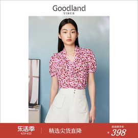 Goodland美地女装夏季玫红波点荷叶边短袖印花衬衫上衣