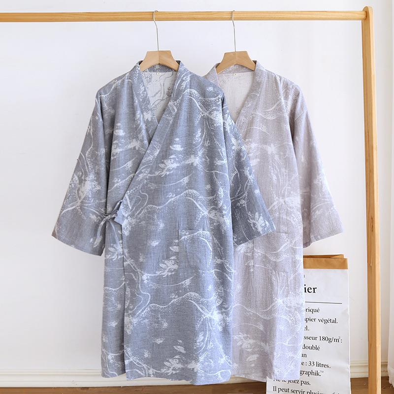 新款直销棉质色织提花和服睡袍男四季薄款系带宾馆汗蒸浴袍水墨画