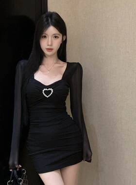 辣妹纯欲网纱长袖打底性感低胸连衣裙秋冬内搭包臀裙夜场上班衣服