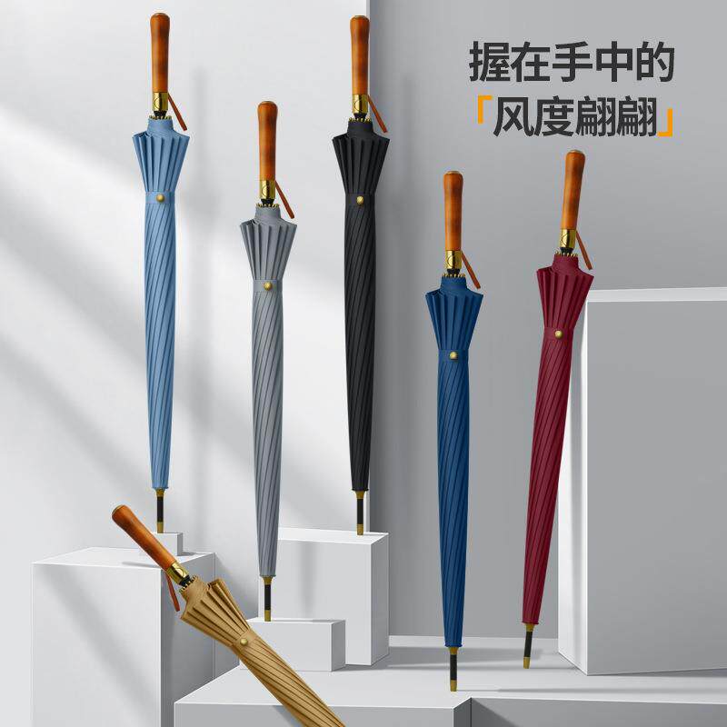 何伞匠16骨长伞莲花伞加厚伞布抗强风商务直杆伞大号双人木柄伞男