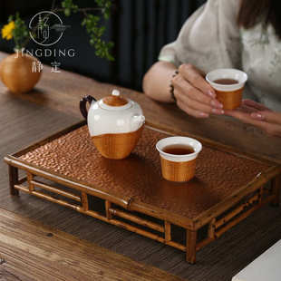 梅鹿竹复古手工锤纹铜茶台茶盘托盘家用干泡盘竹制壶承茶具收纳盘