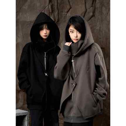 ZCNT逅来者2025秋季潮牌立领拉链假两件宽松休闲连帽男女卫衣