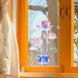 新款直销VA-F114UV浮雕玫瑰花朵蝴蝶家居窗户玻璃装饰墙贴画自粘