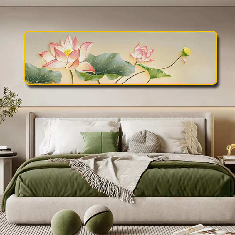 现代轻奢卧室床头挂画荷花主卧背景墙装饰画高级感客厅酒店挂画图片