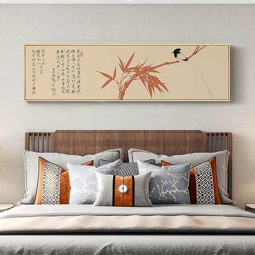 踏雪寻梅 新中式卧室装饰画主卧床头墙画横幅禅意古风花鸟梅花